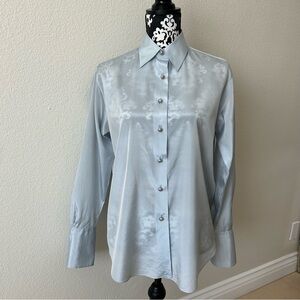 Chanel women Dress Shirt 34 pale blue gray Pearl Button 100%Silk Made in France